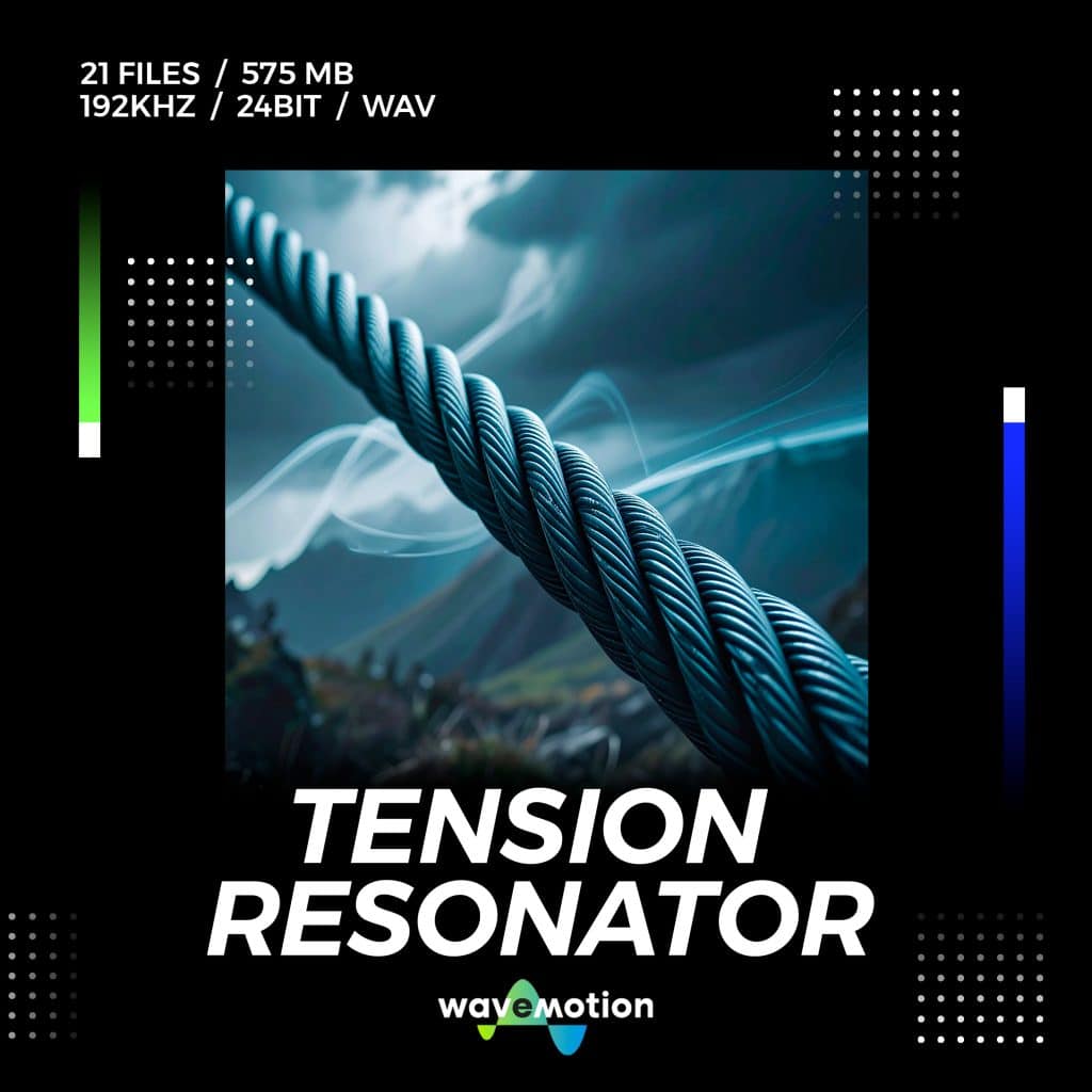 Close-up steel cable with smoke, illustrating "Tension Resonator" sfx library on Sonniss; details shown above.