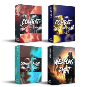 Image of a combat sound effects library on Sonniss, with software boxes for fight SFX packs and weapons fight sounds.