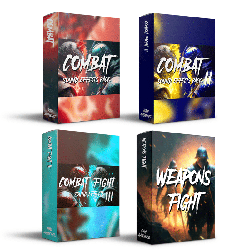 Image of a combat sound effects library on Sonniss, with software boxes for fight SFX packs and weapons fight sounds.
