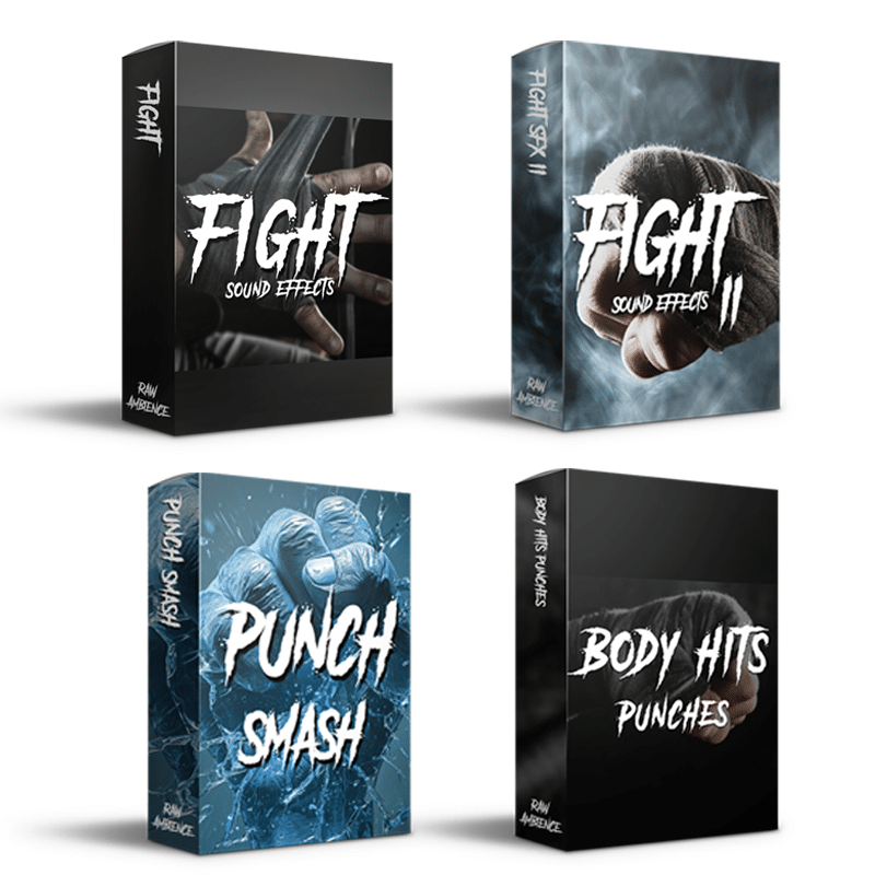Image of a fighting-themed sound library on Sonniss featuring packs like Punch Smash & Body Hits Punches.