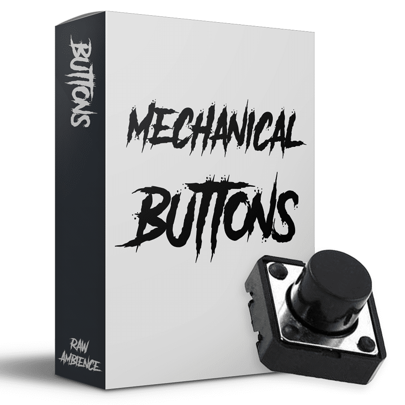 An sfx library image of mechanical button presses for game audio, featuring box art with a real black switch on Sonniss.