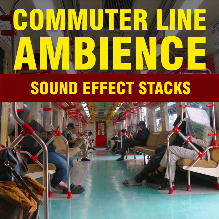 Interior of a commuter train with seated passengers; image for commuter train ambience sound effects library on Sonniss.