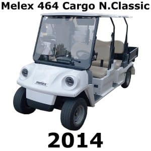White Melex 464 Cargo N.Classic golf cart for vehicle sfx library reference on Sonniss. Text: "Melex 464 Cargo N.Classic 2014.