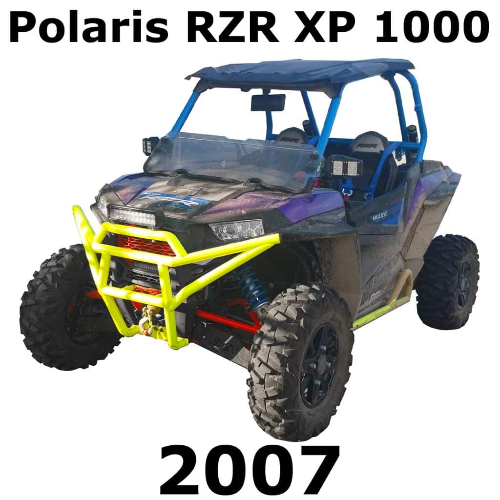 A customized Polaris RZR XP 1000 for off-road vehicle sound effects library on Sonniss, neon yellow bumper, roof, “2007.”.
