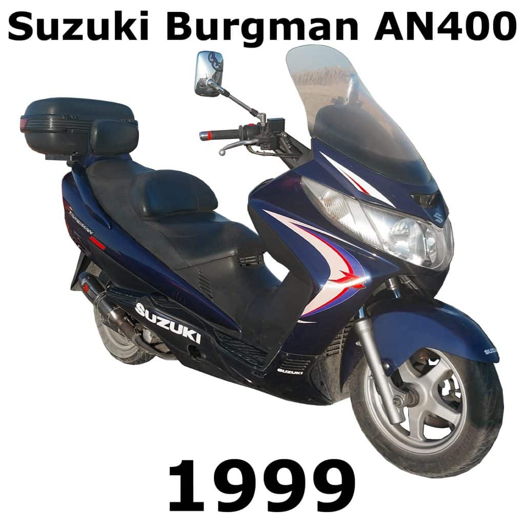A blue 1999 Suzuki Burgman AN400 scooter SFX library photo for urban motorcycle sound effects on Sonniss, side view.