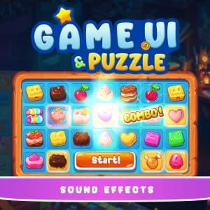 Match-3 dessert puzzle game UI with a "SOUND EFFECTS" bar; image for sound effects library on Sonniss.