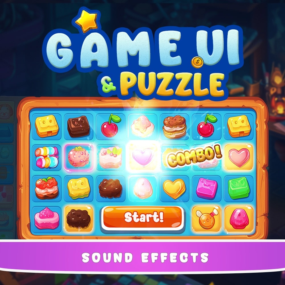 Match-3 dessert puzzle game UI with a "SOUND EFFECTS" bar; image for sound effects library on Sonniss.