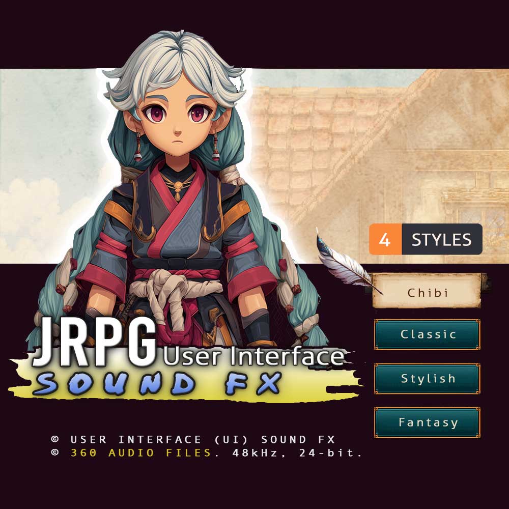 A stylized character faces a JRPG UI sfx library menu on Sonniss, featuring Chibi, Classic, Stylish, and Fantasy packs.