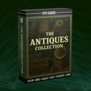 A 3D box labeled "The Antiques Collection" for an antiques sound effects library on Sonniss, showing vintage items.