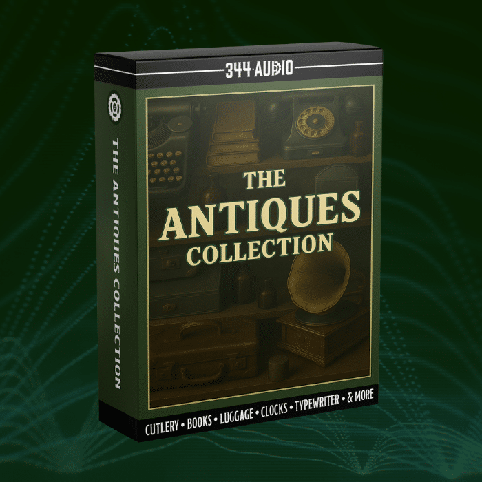 A 3D box labeled "The Antiques Collection" for an antiques sound effects library on Sonniss, showing vintage items.