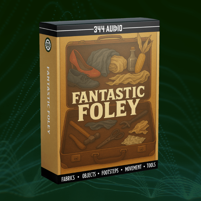 A sound effects library box, "Fantastic Foley" by 344 Audio, with shoes, tools, fabric, and objects on Sonniss.