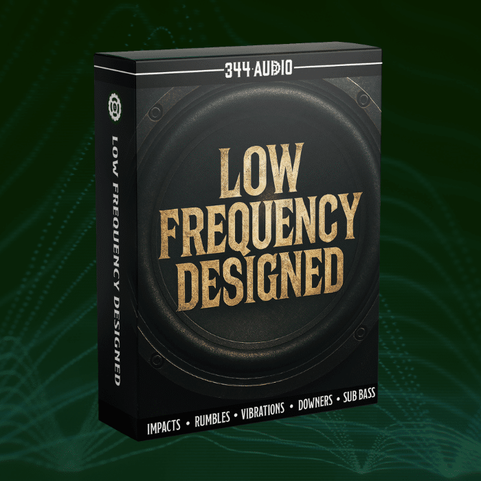 A sound effects library box, "Low Frequency Designed" by 344 Audio, for impacts, rumbles, and sub bass on Sonniss.