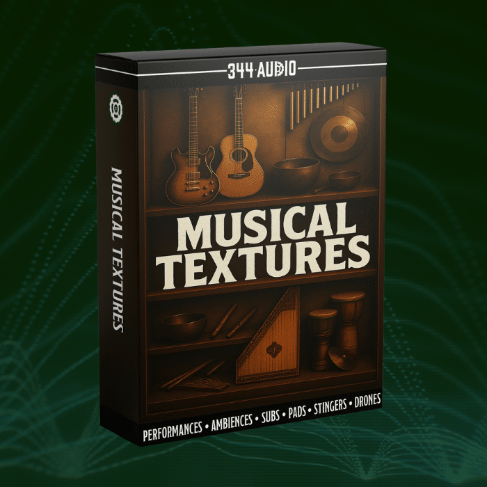 A 3D box labeled "MUSICAL TEXTURES" on Sonniss, a sound effects library for musical ambiences, stingers & drones.