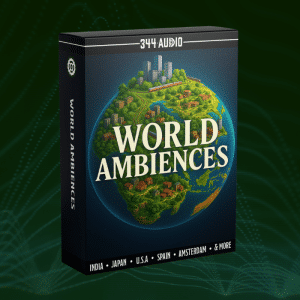 World Ambiences" sfx library box by 344 Audio on Sonniss; globe art, city/nature scenes, India, Japan, USA, Spain, Amsterdam.
