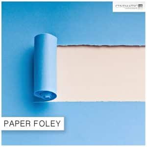 A sheet of blue paper rolled back over beige, showing "Paper Foley"—a cinematic foley sound effects library on Sonniss.