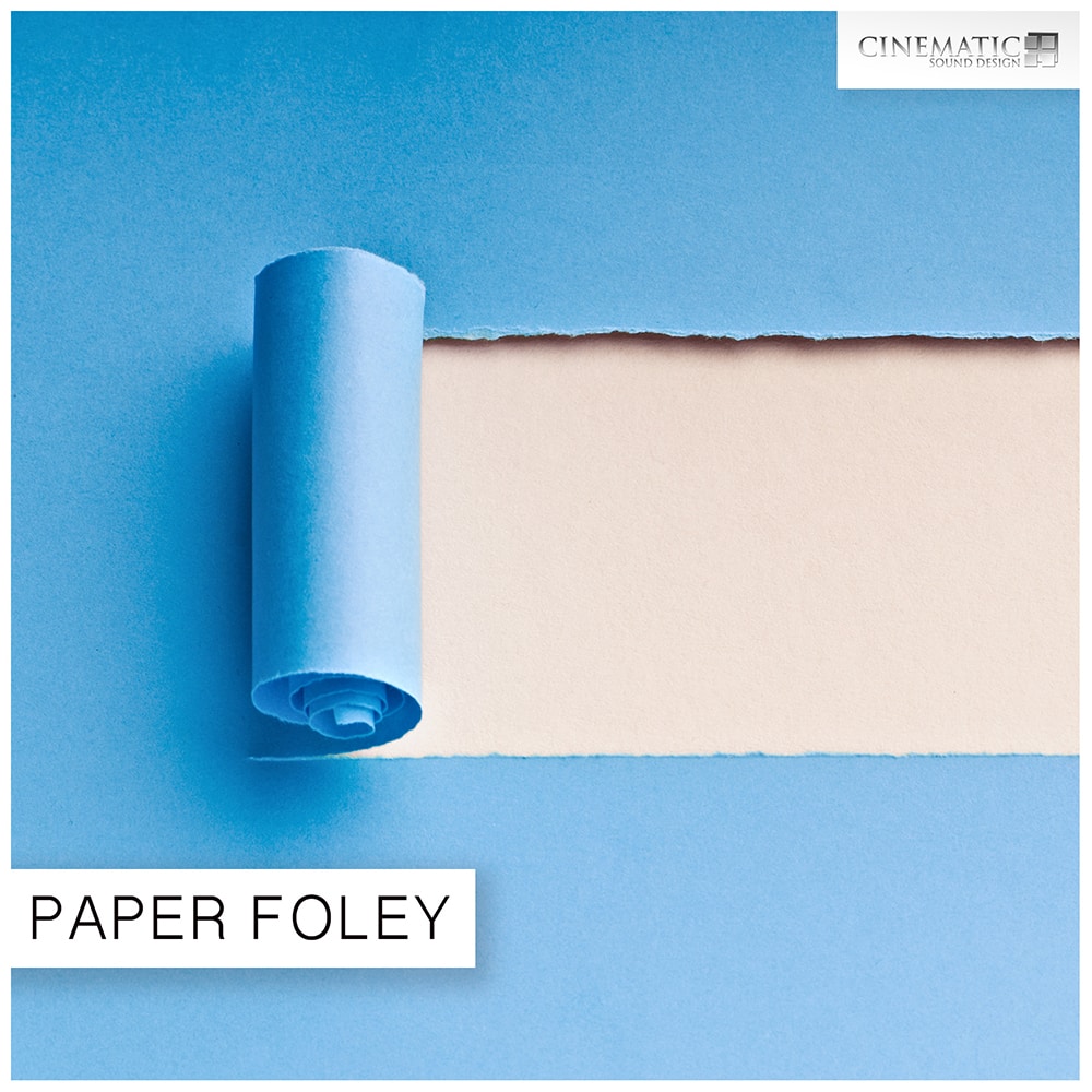 A sheet of blue paper rolled back over beige, showing "Paper Foley"—a cinematic foley sound effects library on Sonniss.