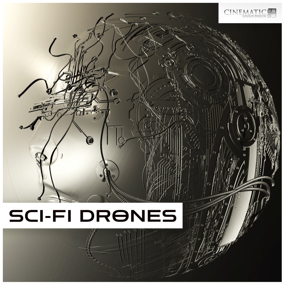 A cyborg face wrapped in wires, symbolizing humanity fused with tech. Sci-fi drones sfx library for cinematic sound design on Sonniss.
