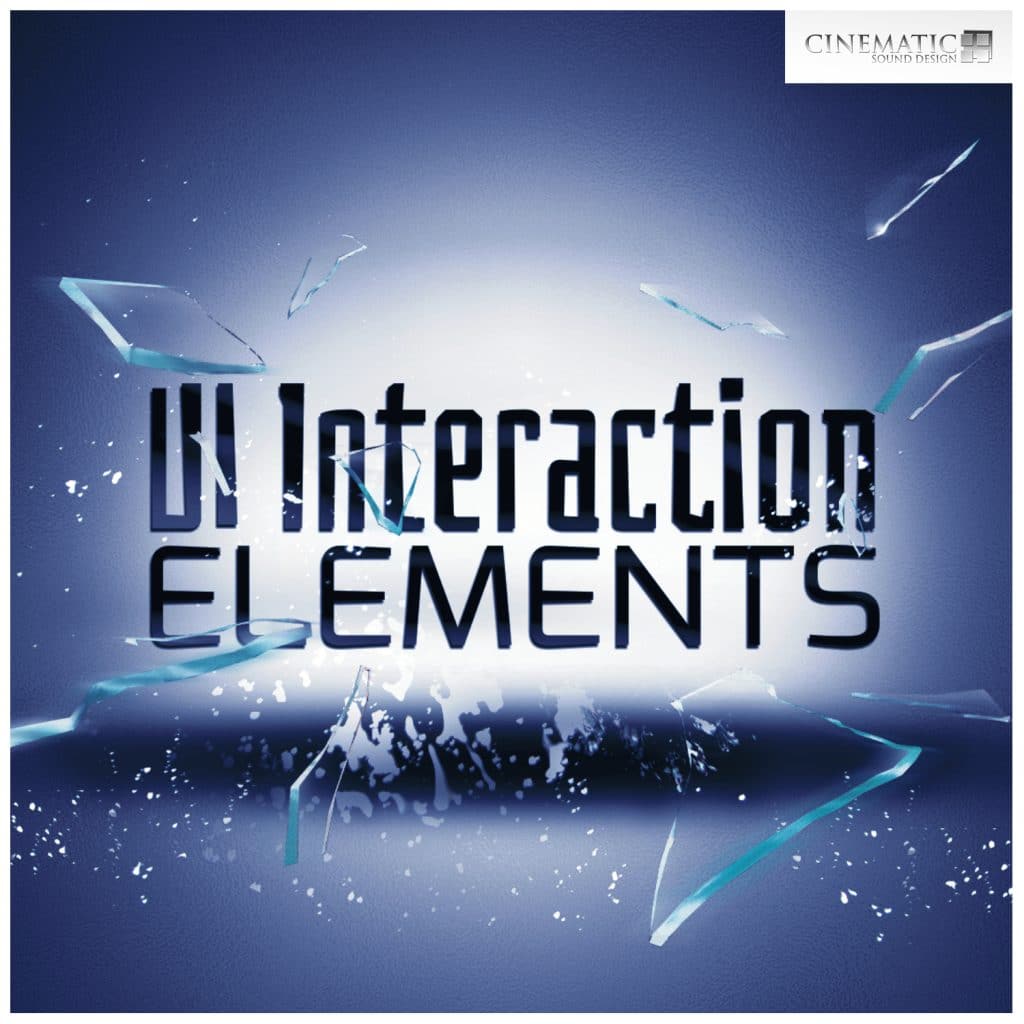 A digital graphic for a UI interaction elements sound effects library on Sonniss, shattered glass background, Cinematic Sound Design logo.
