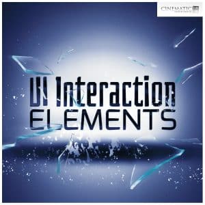 A digital graphic for a UI interaction elements sound effects library on Sonniss, shattered glass background, Cinematic Sound Design logo.