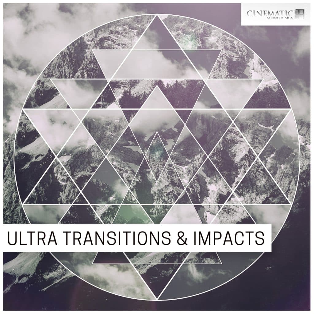 A geometric design over a black and white mountain scene promotes cinematic sound effects library for film on Sonniss.