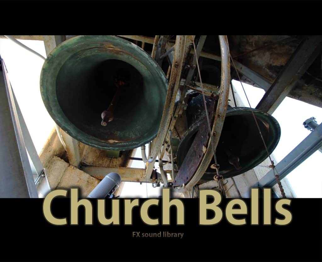 Image of two bronze church bells in a tower, promoting church bell sfx library for sound effects on Sonniss.