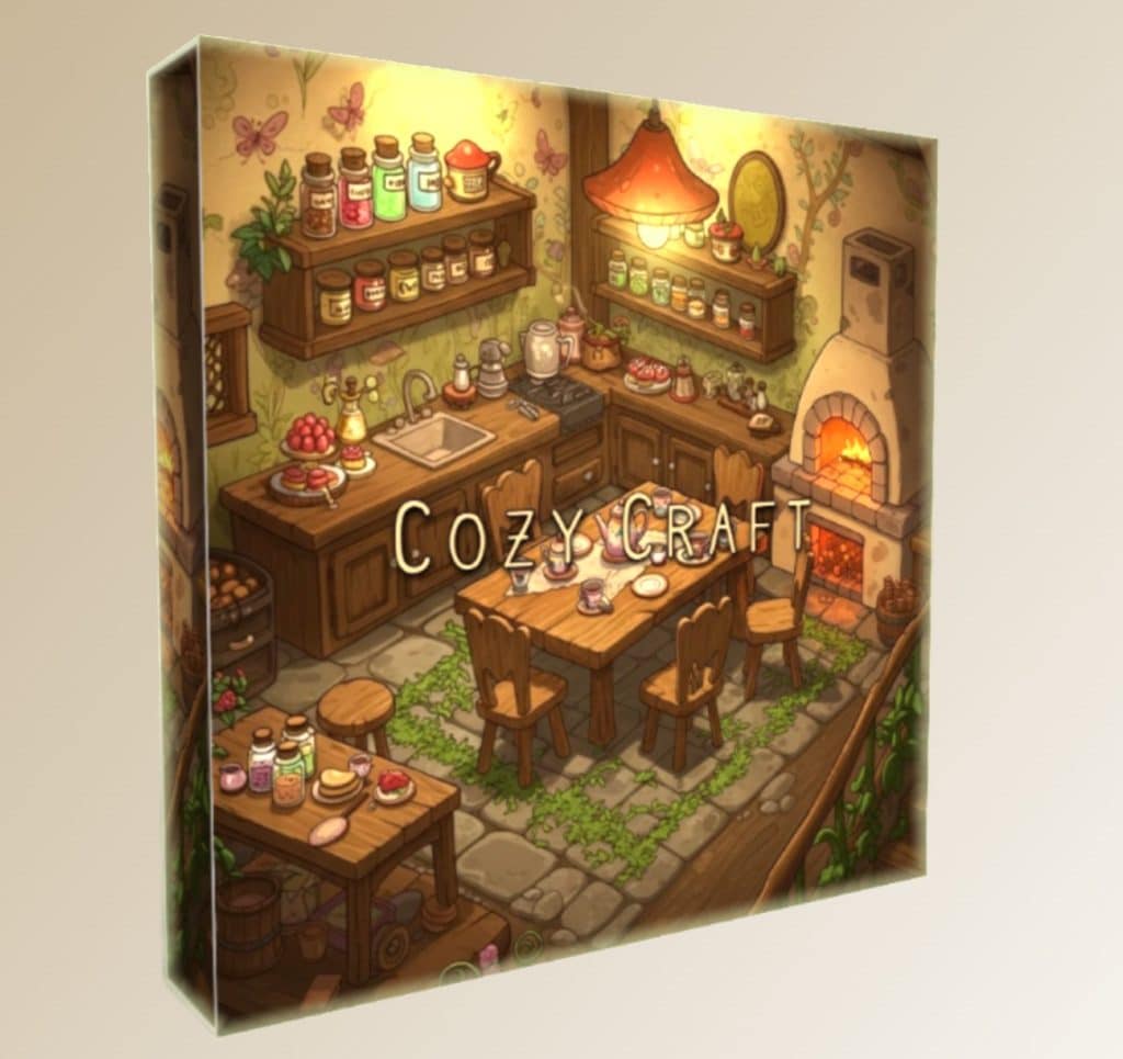 Sound effects library cover on Sonniss: "Cozy Craft" box with rustic kitchen, wooden table, jars, and brick oven illustration.