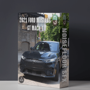 A product box for a 2021 Ford Mustang GT Mach-E sfx library on Sonniss, showcasing noise floor sound effects.