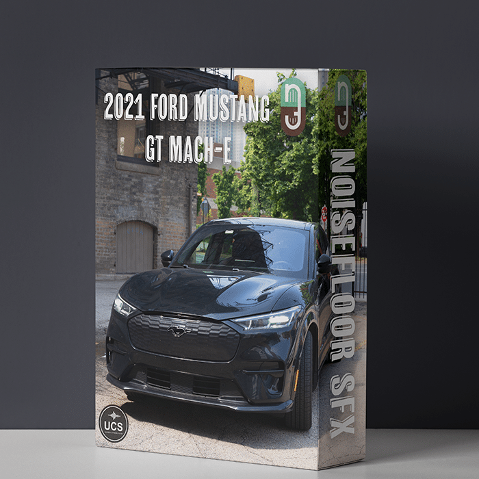 A product box for a 2021 Ford Mustang GT Mach-E sfx library on Sonniss, showcasing noise floor sound effects.
