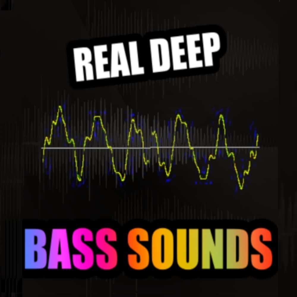 A sound wave graphic with “REAL DEEP” and colorful “BASS SOUNDS”, illustrating a bass sound effects library on Sonniss.