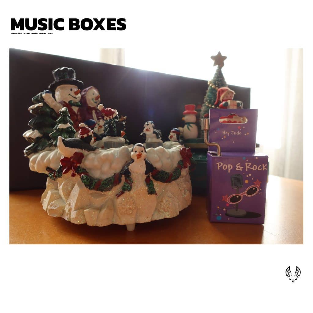 Ceramic snowmen music box and "Hey Jude" pop/rock box—perfect for Christmas music box sound effects library on Sonniss.