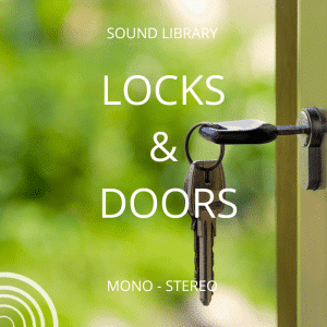 A set of keys in a door lock with "Locks & Doors SFX Library Mono - Stereo" text, for sound effects library on Sonniss.