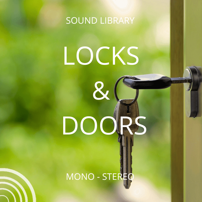 A set of keys in a door lock with "Locks & Doors SFX Library Mono - Stereo" text, for sound effects library on Sonniss.