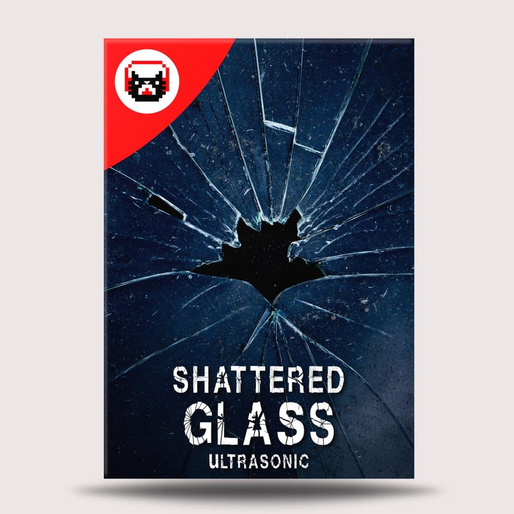 A poster for a shattered glass sound effects library on Sonniss, with glass shards, red pixel icon, and title text at the bottom.