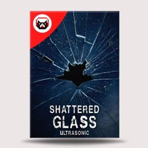 A poster for a shattered glass sound effects library on Sonniss, with glass shards, red pixel icon, and title text at the bottom.