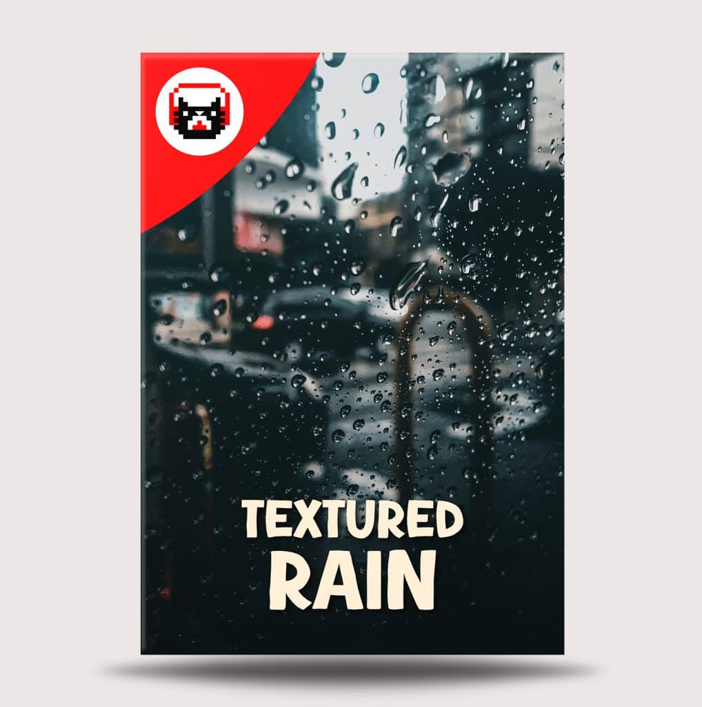 A blurred city street seen through a rain-covered window promotes a textured rain sound effects library on Sonniss.