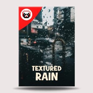 A blurred city street seen through a rain-covered window promotes a textured rain sound effects library on Sonniss.