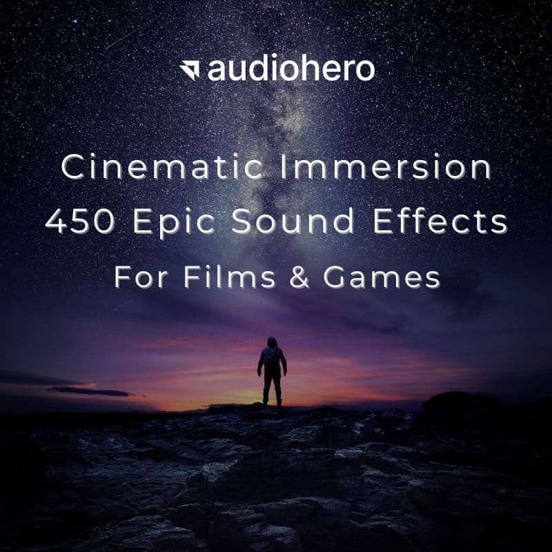 A person under a starry sky highlights an SFX library on Sonniss: "audiohero Cinematic Immersion 450 Epic Sound Effects".