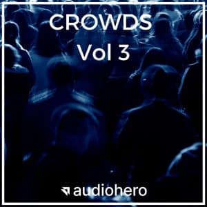 A blurred crowd in dark clothing with “CROWDS Vol 3” and audiohero logo, promoting a crowds sound effects library on Sonniss.