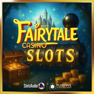 Image of a casino sfx library on Sonniss—treasure chest, gold coins, slot machine, and castle for fairytale slot games.