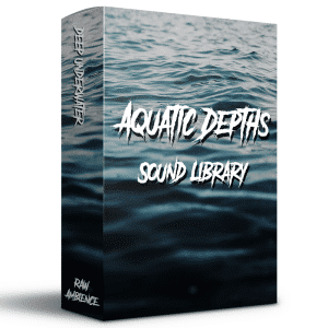 A sound effects library box on Sonniss featuring water imagery, labeled "AQUATIC DEPTHS SOUND LIBRARY" and "RAW AMBIENCE DEEP UNDERWATER".