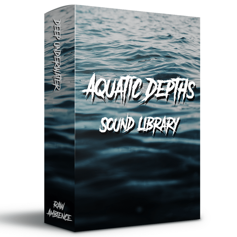 A sound effects library box on Sonniss featuring water imagery, labeled "AQUATIC DEPTHS SOUND LIBRARY" and "RAW AMBIENCE DEEP UNDERWATER".