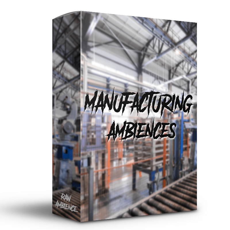 A software box labeled "Manufacturing Ambiences" with a factory scene, representing an industrial sfx library on Sonniss.
