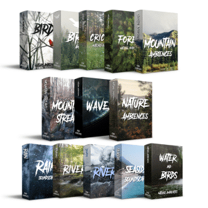 A nature sfx library on Sonniss: 12 box sets of birds, rain, river, seaside & mountain sound effects in two rows.