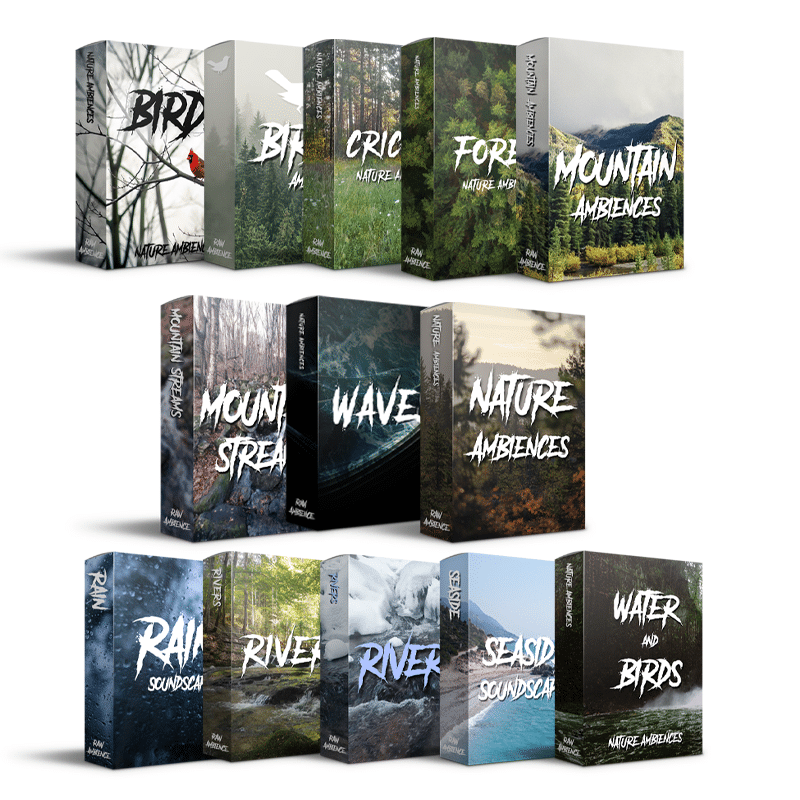 A nature sfx library on Sonniss: 12 box sets of birds, rain, river, seaside & mountain sound effects in two rows.