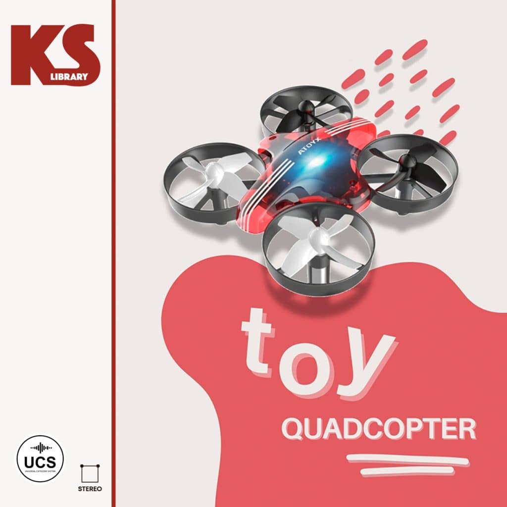 Toy quadcopter sfx library on Sonniss: a drone with four propellers hovers above a red and white graphic background.