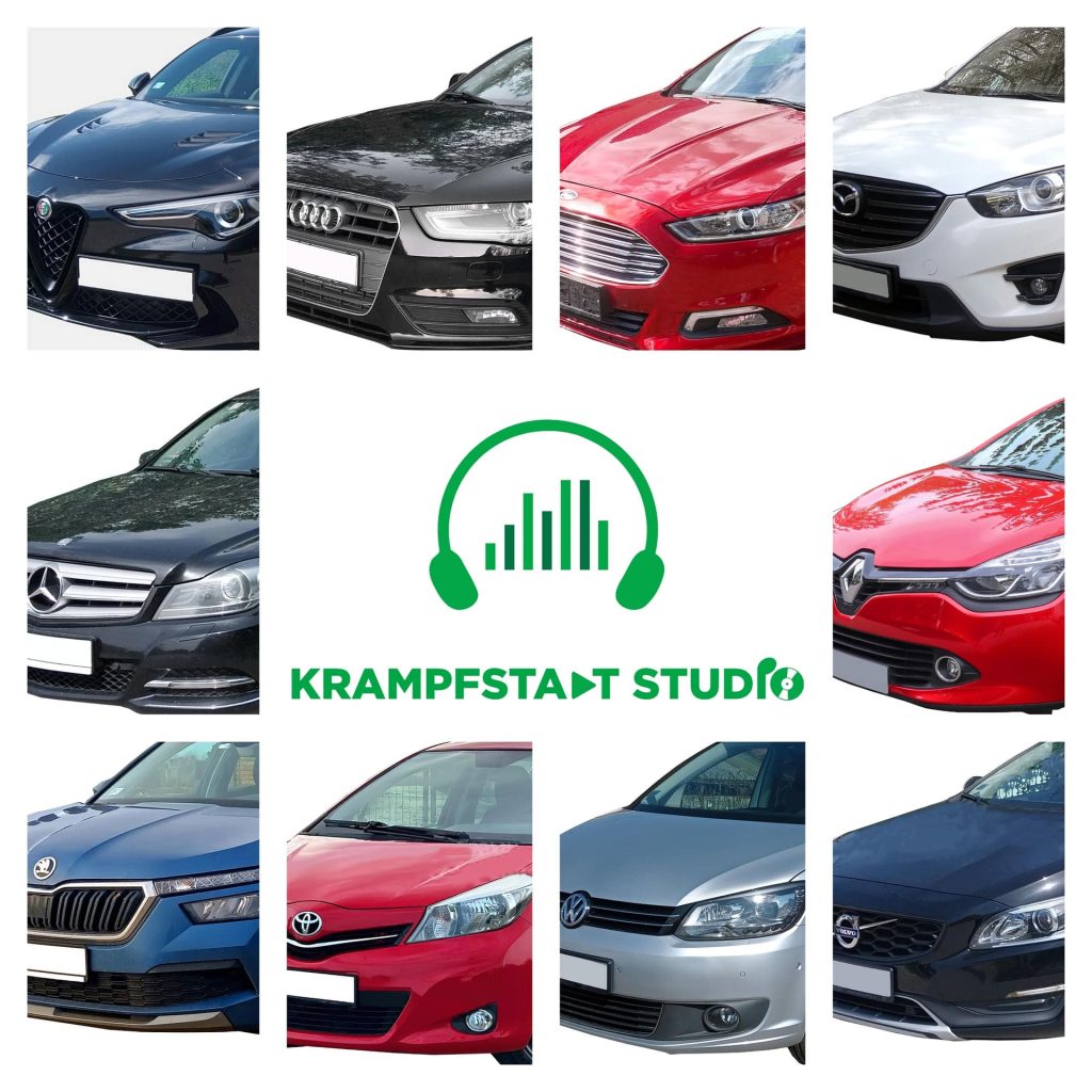 Sound effects library for car engine sfx on Sonniss: eight car fronts around Krampfstaat Studio logo with headphones.