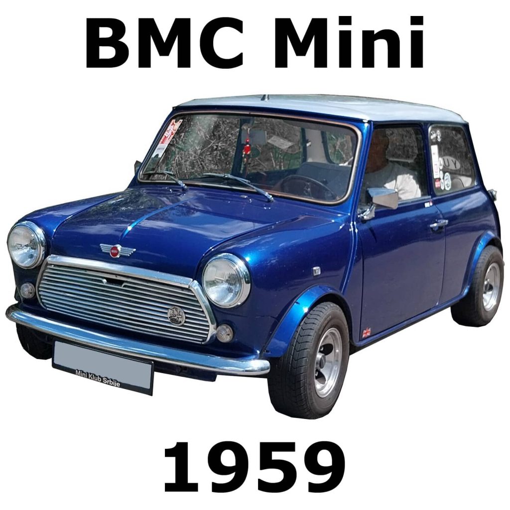 A blue 1959 BMC Mini car, white roof, front-side view. Perfect for vintage car sound effects library on Sonniss.