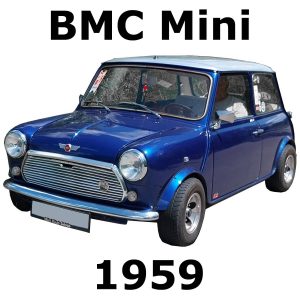 A blue 1959 BMC Mini car, white roof, front-side view. Perfect for vintage car sound effects library on Sonniss.