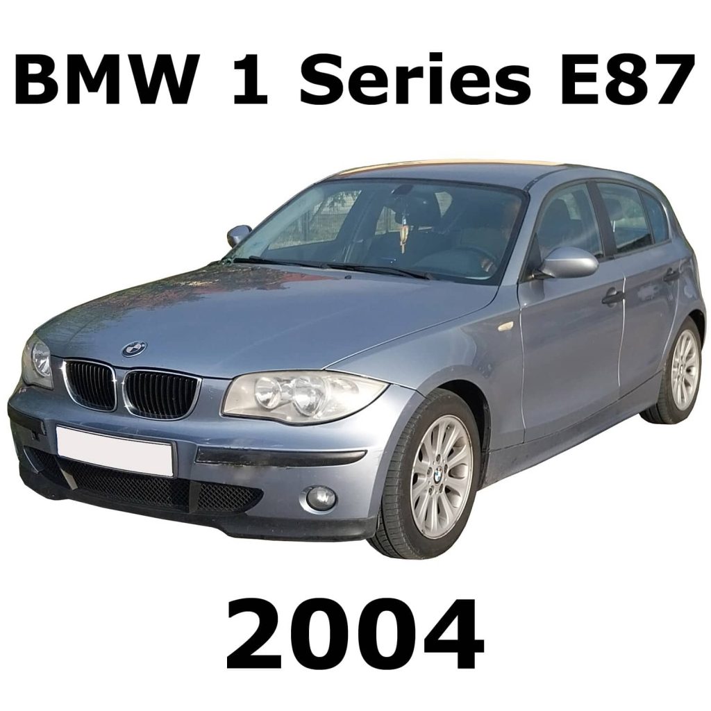 Image of a 2004 BMW 1 Series E87 hatchback for car door sound effects library on Sonniss. Model/year labeled in bold.