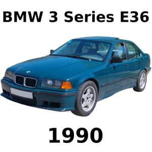 A teal BMW 3 Series E36 sedan from 1990 for car interior sound effects library on Sonniss; white background, bold text.